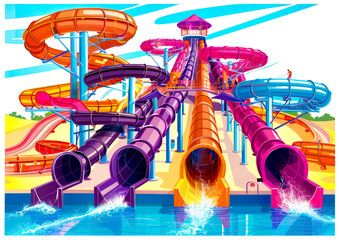 Painting of water park with water slide and splash pool.