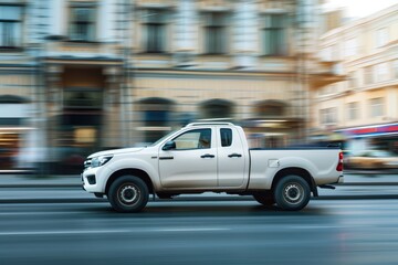 White Modern Pick-Up Truck on City Street. Fast and Efficient Delivery and Transportation