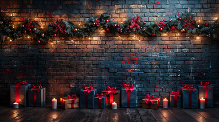 Product display on brick wall with festive red and blue lighting, clean background. - obrazy, fototapety, plakaty