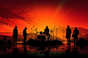 Rock band concert with lead singer in silhouette, minimalist design. - obrazy, fototapety, plakaty