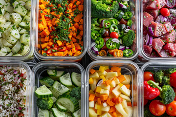 Vibrant display of a week's worth of meal prep, with various organic and healthy dishes, neatly organized in a refrigerator