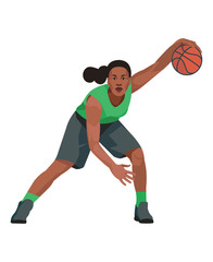 African women's basketball girl player in green jersey stand and cross the ball