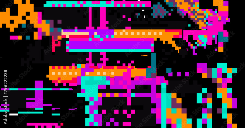 Poster screen with neon pixel glitches and flickers. concept vector illustration of a broken or malware pro