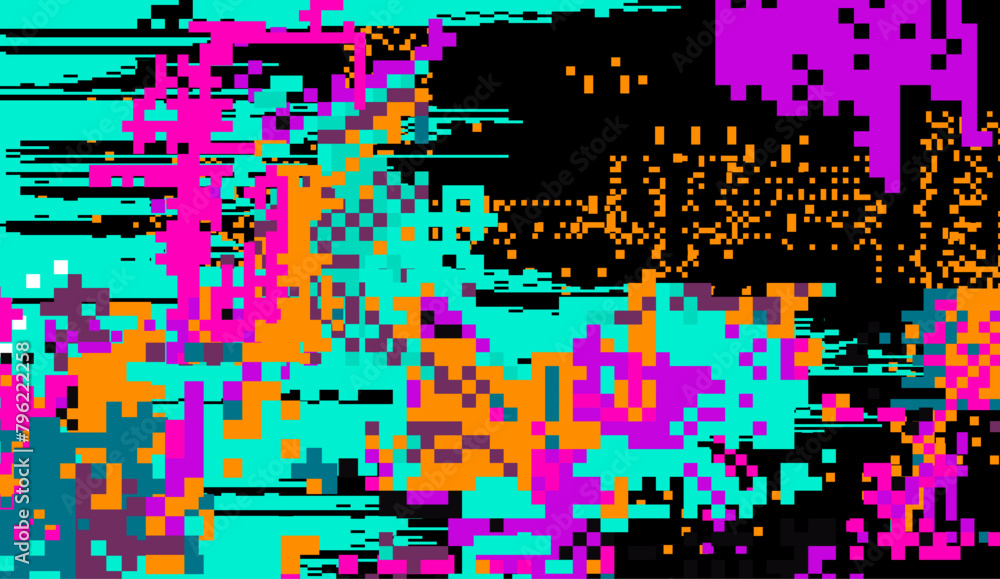 Poster Screen with neon pixel glitches and flickers. Concept vector illustration of a broken or malware program.