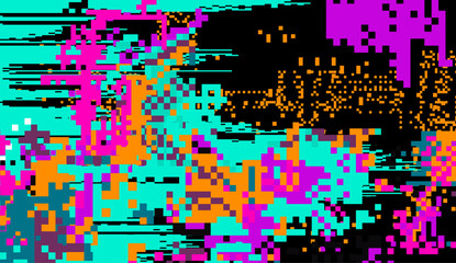Screen with neon pixel glitches and flickers. Concept vector illustration of a broken or malware program.