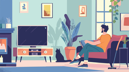Man and cat sitting on sofa and watching TV Young 