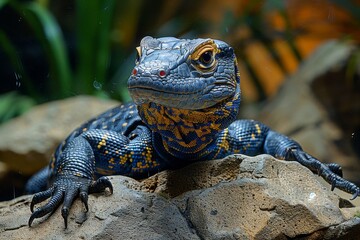 Monitor Lizard: Climbing on rocks with textured skin, depicting its terrestrial habitat. - obrazy, fototapety, plakaty