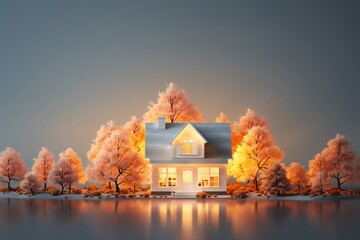 Softly illuminated house, minimalist illustration, clean empty backdrop.