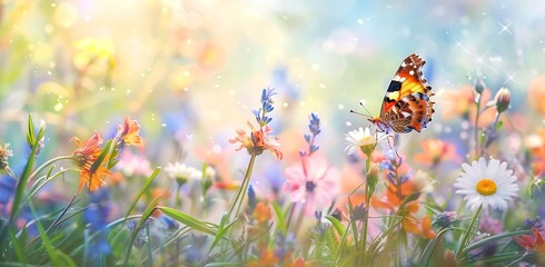 Beautiful spring meadow with wild flowers daisies and bluebells a butterfly on a flower soft pastel colors in the style of Monet copy space for text