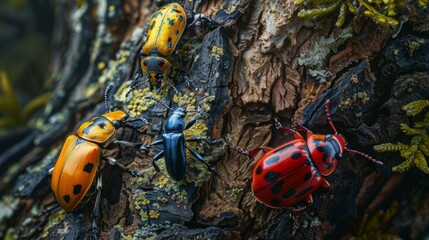 An insect photographer capturing the beauty of beetles crawling on tree bark, showcasing their diverse forms