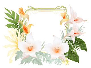 Square frame Decorated with colorful flowers and green leaves on a white background. - obrazy, fototapety, plakaty