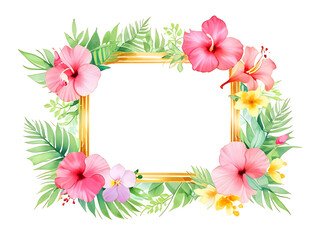 Picture frame with a decorative border. Brightly colored tropical flowers and leaves on a white background. - obrazy, fototapety, plakaty