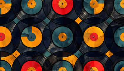 In a seamless pattern, rows of colorful retro vinyl records create a nostalgic backdrop