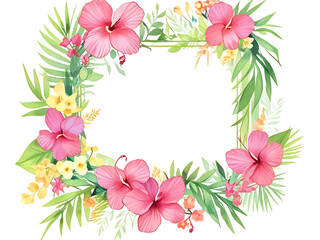 Square frame filled with various pink flowers and green leaves on a white background. - obrazy, fototapety, plakaty