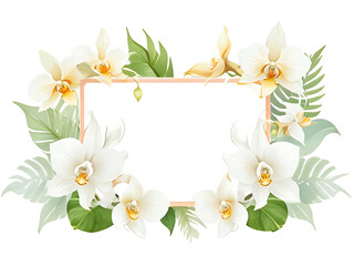 Picture frame with a decorative border. Brightly colored tropical flowers and leaves on a white background. - obrazy, fototapety, plakaty
