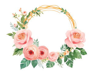 Round frame made of pale pink roses in bloom. green leaves on a white background - obrazy, fototapety, plakaty