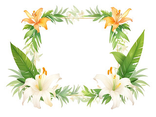 White picture frame decorated with white lilies and green leaves that Simple arrangement, white background - obrazy, fototapety, plakaty