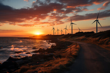 Sunset behind silhouetted wind turbines, representing wind power against climate change. - obrazy, fototapety, plakaty
