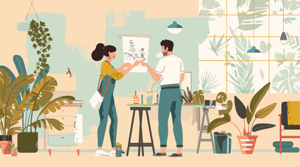 Man and woman glues wallpaper at home. Vector flat style - obrazy, fototapety, plakaty