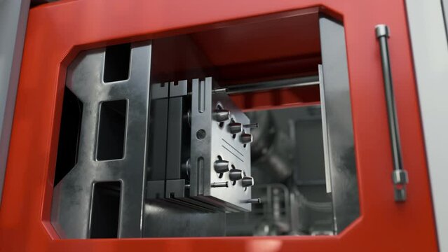 Automated polymer production machine operating at the production factory. Automated polymer making machine processing the material. Automated machine manufacturing polymer material caps