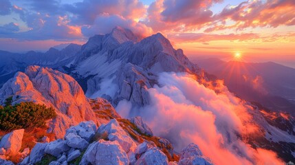 awe-inspiring sunrise over Mangart Peak, AI Generative - obrazy, fototapety, plakaty