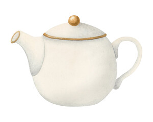 White porcelain ceramic teapot watercolor isolated illustration for herbal tea packages, elegant party invitations, cafe menus and recipes with drinks