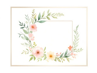 Square frame decorated with small white flowers. It features green leaves and delicate flowers on a white background.