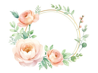 Round frame made of pale pink roses in bloom. green leaves on a white background