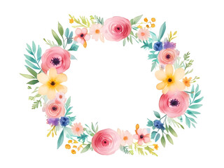 Round watercolor frame of a lively wreath composed of pale pink and purple flowers with lush leaves on a white background.