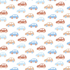 Cute pastel pattern with blue and brown cars on a white background. It is a vector illustration in the style of flat.