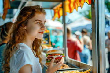 Woman holding hamburger and french fries in front of food stand.