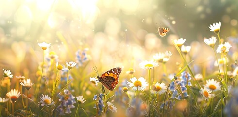 Beautiful spring meadow with wild flowers daisies and bluebells a butterfly on the flower a banner with copy space area and texture for text in the style of stock photo of high quality