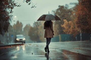 With an umbrella in hand, a girl strolls through the rain, finding beauty in the dreary weather, Generative AI