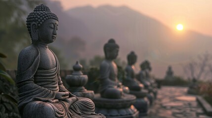Buddha statue at sunrise, with mountains in the background. - obrazy, fototapety, plakaty