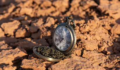 Pocket watch with a chain on clay, cracked by the heat in the desert