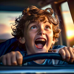 Young boy is driving car with his mouth open and his hands on the steering wheel.