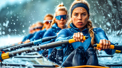 Group of women rowing in boat on body of water in the rain.
