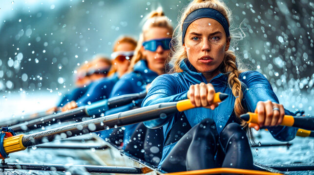 Group of women rowing in boat on body of water in the rain.