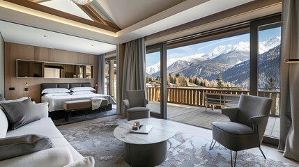 This hotel suite features a private balcony and mountain views. Luxury, splendor, fresh air, nature, vacation, landscape, high in mountains. Advertising image concept for hotels. Generative by AI