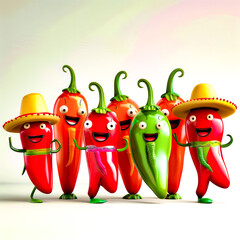 Group of red peppers with faces painted on them and wearing sombreros.