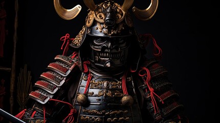 Traditional samurai standing proudly in full armor. Japanese aesthetics, cosplay, costume, fighter, plate armor, antiquity, lone warrior. Military concept. Generative by AI