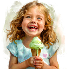 Painting of little girl holding green ice cream cone with sprinkles.