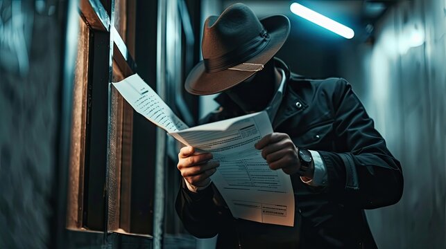 An undercover agent retrieves secret files from a secure vault. Tracking down criminals, data flows, special agent, cybersecurity, specialist at work. Matrix concept, cyber space. Generative by AI