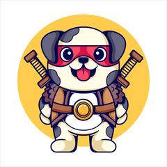 Adorable Dog with Medieval Warrior Costume holding Double Sword. Colorful