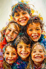 Painting of group of children with paint splattered all over them.