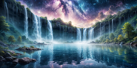 Create a breathtaking landscape featuring waterfalls cascading from the heavens, with shimmering colors and stars embedded within the water