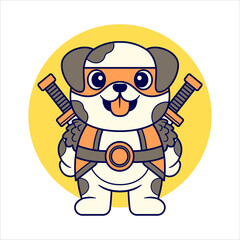 Adorable Dog with Medieval Warrior Costume holding Double Sword. Flat Color