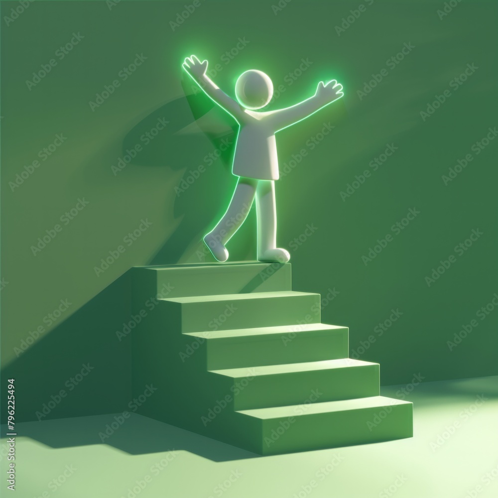 Poster create a 3d rendering of an illuminated figure celebrating atop stairs, ai generative