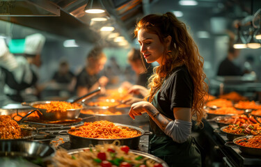 Obraz premium Woman standing in kitchen with lots of food on the counter and people in the background.