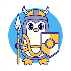 Adorable Penguin with Medieval Warrior Costume holding Spear and Shield. Flat Color
